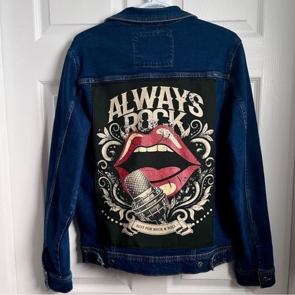 Zara Denim Jacket Coat Jeans Rock & Roll Patch Unisex Women Medium Unique Music